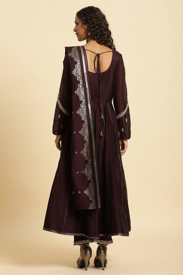 Purple Flared Embroidered Kurta, Pants And Dupatta Set