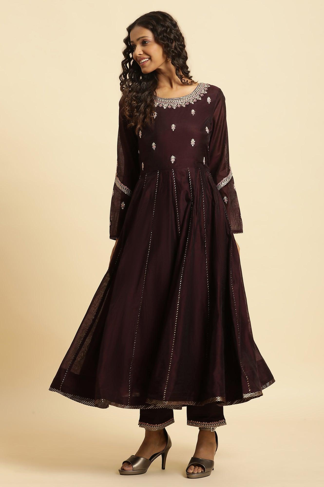 Purple Flared Embroidered Kurta, Pants And Dupatta Set - wforwoman