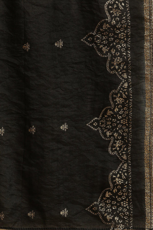 Black Flared Metallic Embroidered Kurta, Pants And Dupatta Set