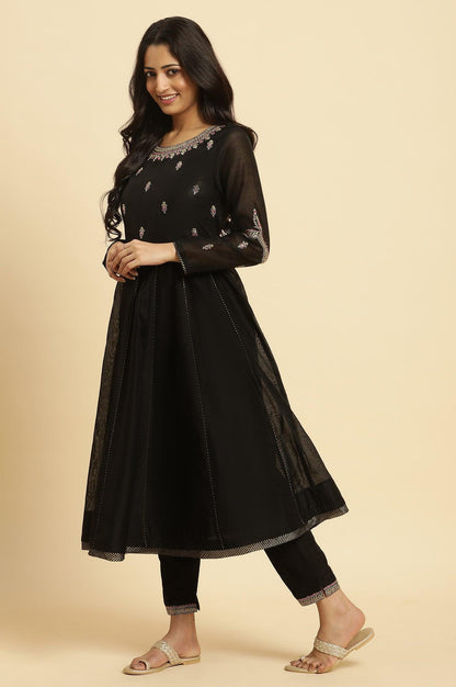 Black Flared Metallic Embroidered Kurta, Pants And Dupatta Set - wforwoman