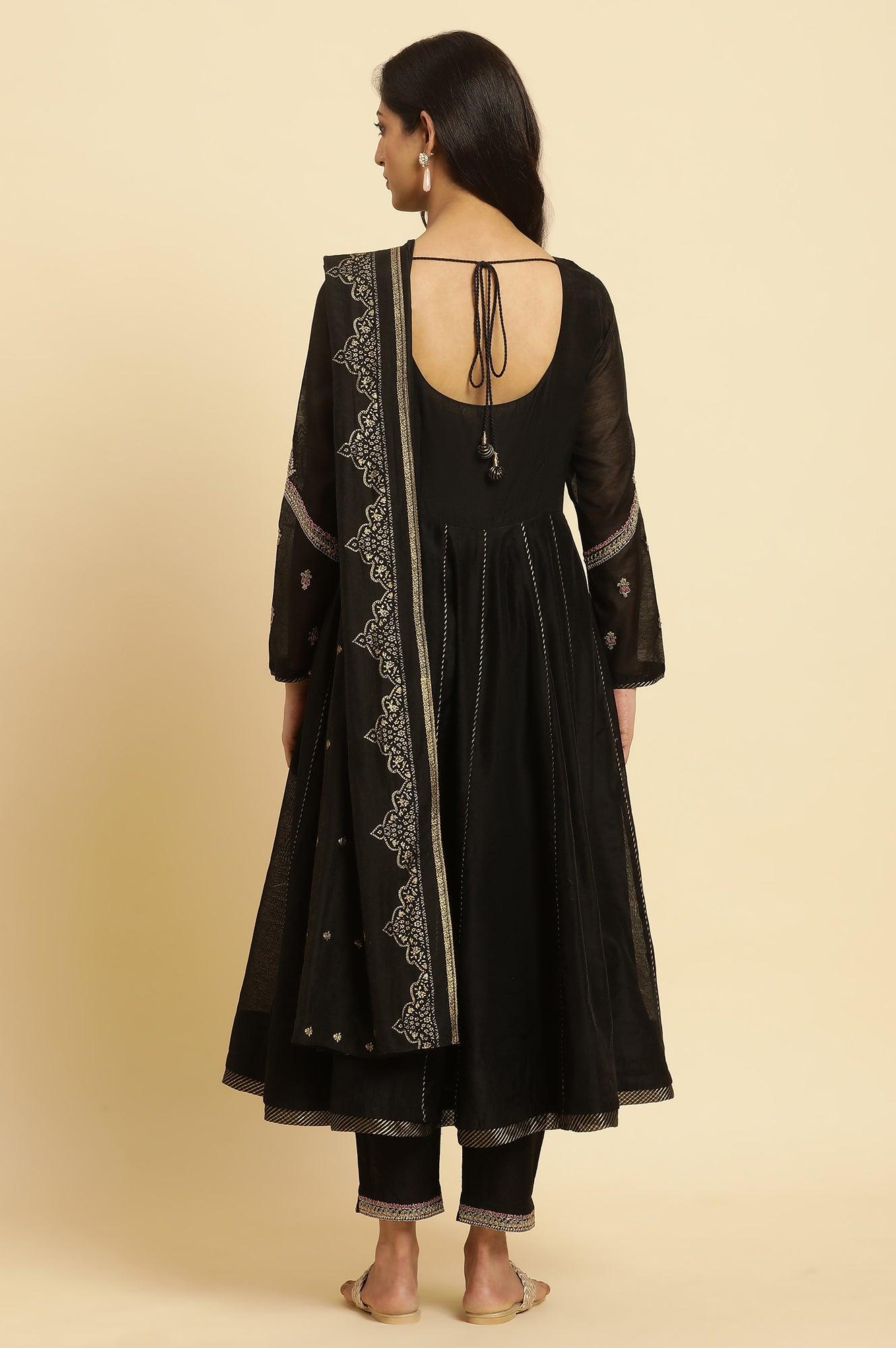 Black Flared Metallic Embroidered Kurta, Pants And Dupatta Set - wforwoman