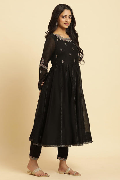 Black Flared Metallic Embroidered Kurta, Pants And Dupatta Set - wforwoman