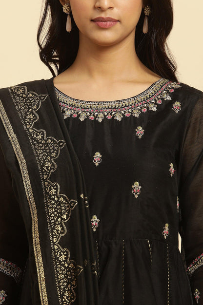 Black Flared Metallic Embroidered Kurta, Pants And Dupatta Set - wforwoman