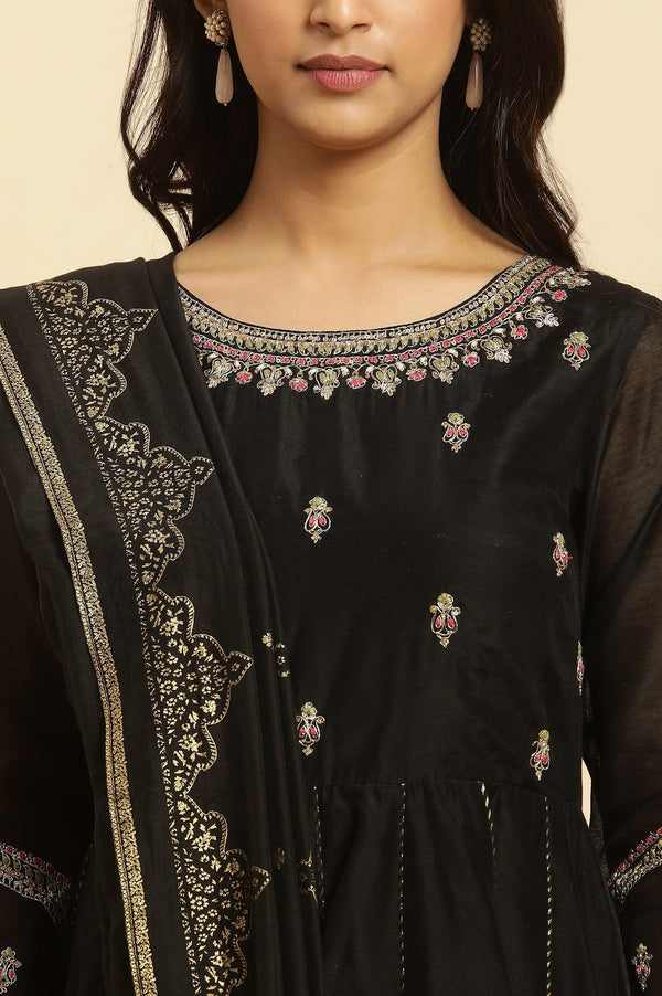 Black Flared Metallic Embroidered Kurta, Pants And Dupatta Set