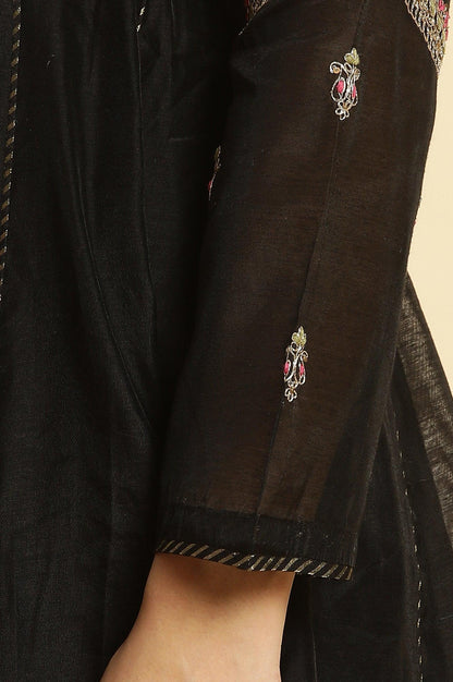 Black Flared Metallic Embroidered Kurta, Pants And Dupatta Set - wforwoman