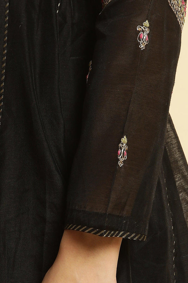 Black Flared Metallic Embroidered Kurta, Pants And Dupatta Set