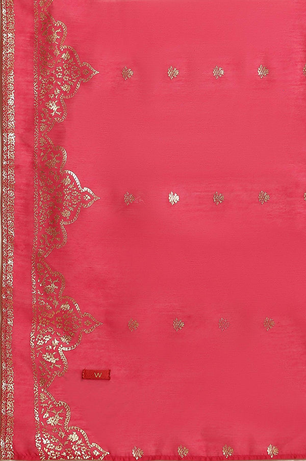 Pink Flared Embroidered Kurta, Pants And Dupatta Set