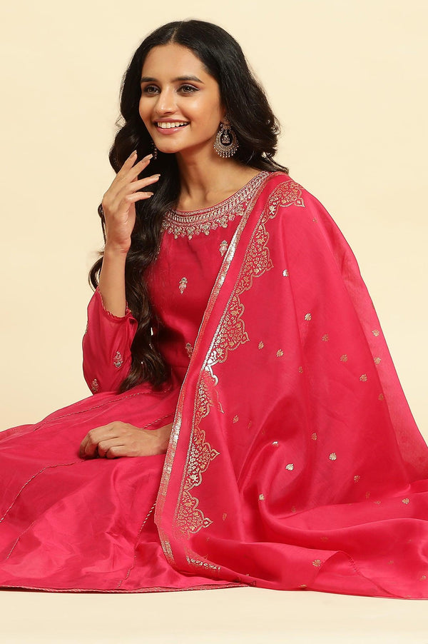 Pink Flared Embroidered Kurta, Pants And Dupatta Set