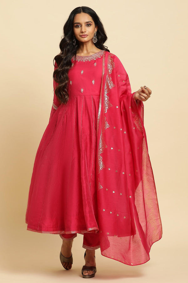 Pink Flared Embroidered Kurta, Pants And Dupatta Set