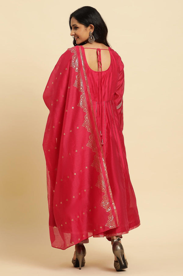 Pink Flared Embroidered Kurta, Pants And Dupatta Set