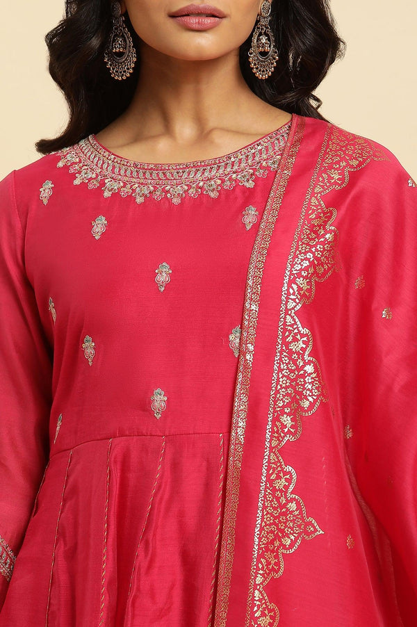 Pink Flared Embroidered Kurta, Pants And Dupatta Set