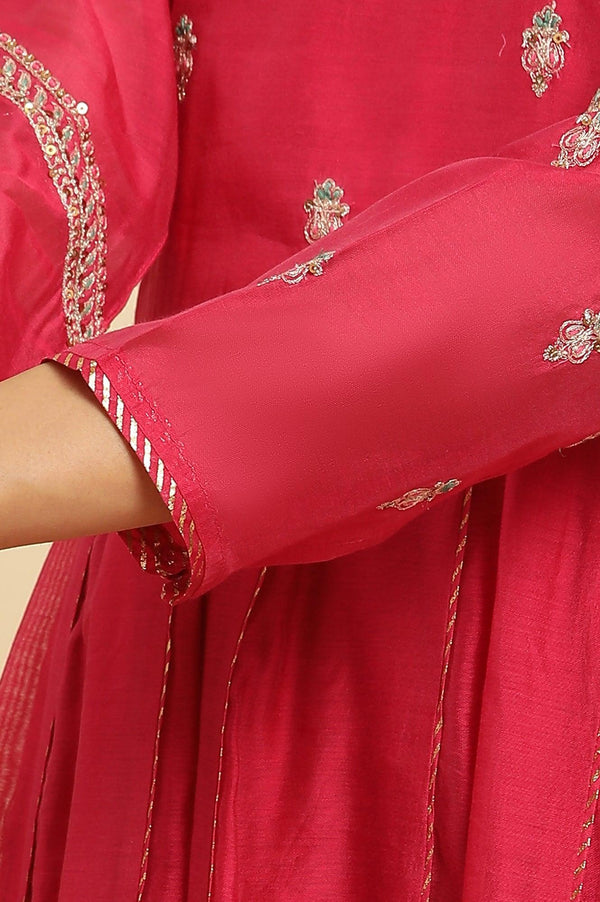 Pink Flared Embroidered Kurta, Pants And Dupatta Set