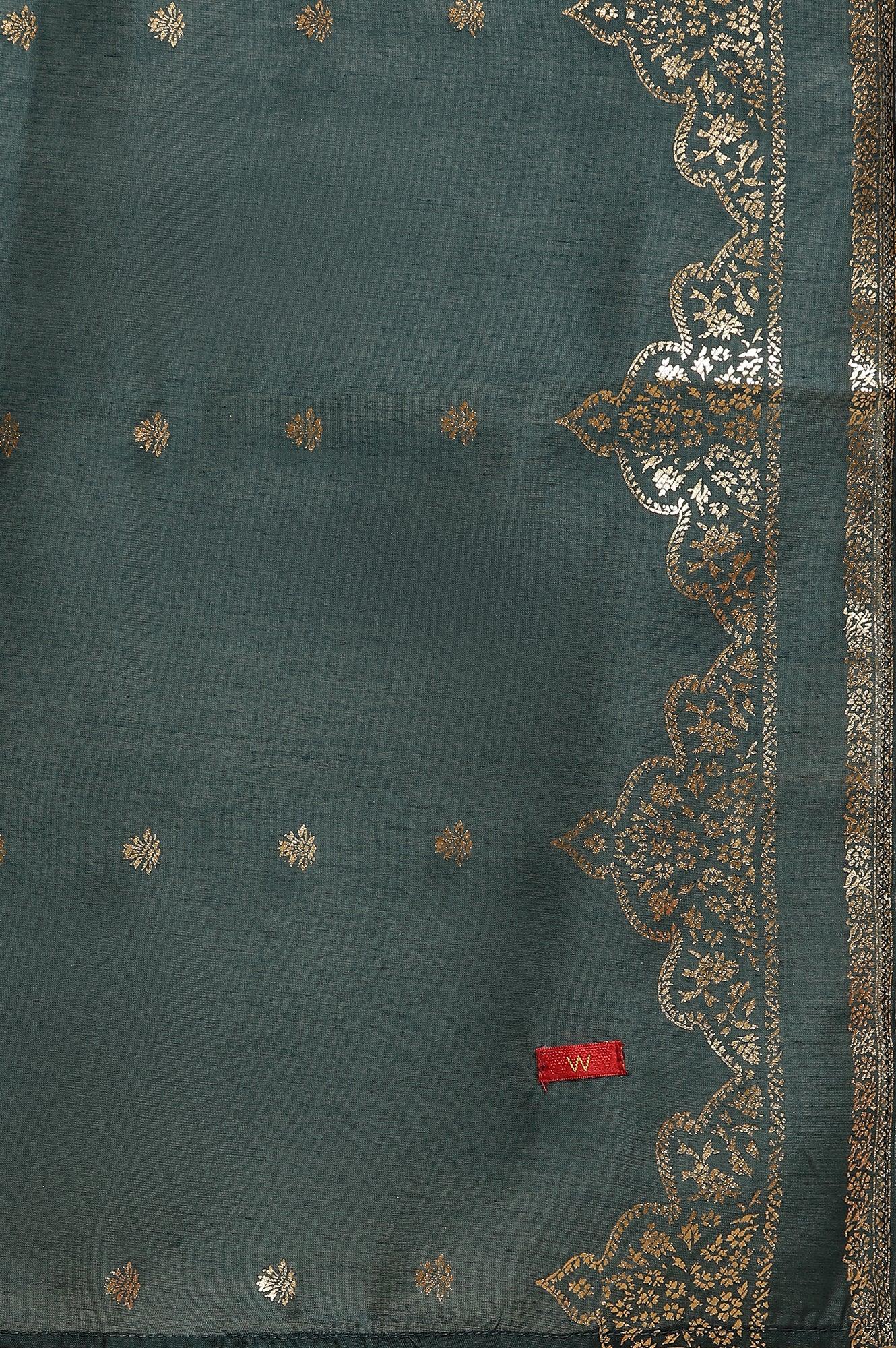 Green Flared Embroidered Kurta, Pants And Dupatta Set - wforwoman