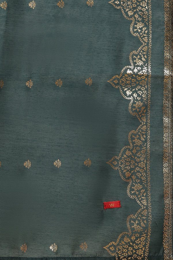 Green Flared Embroidered Kurta, Pants And Dupatta Set