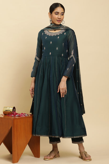 Green Flared Embroidered Kurta, Pants And Dupatta Set - wforwoman