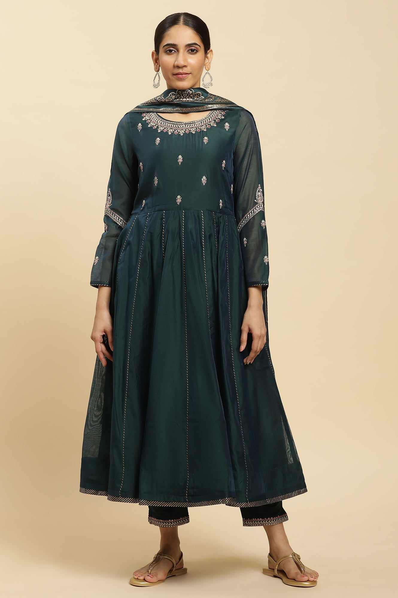 Green Flared Embroidered Kurta, Pants And Dupatta Set - wforwoman