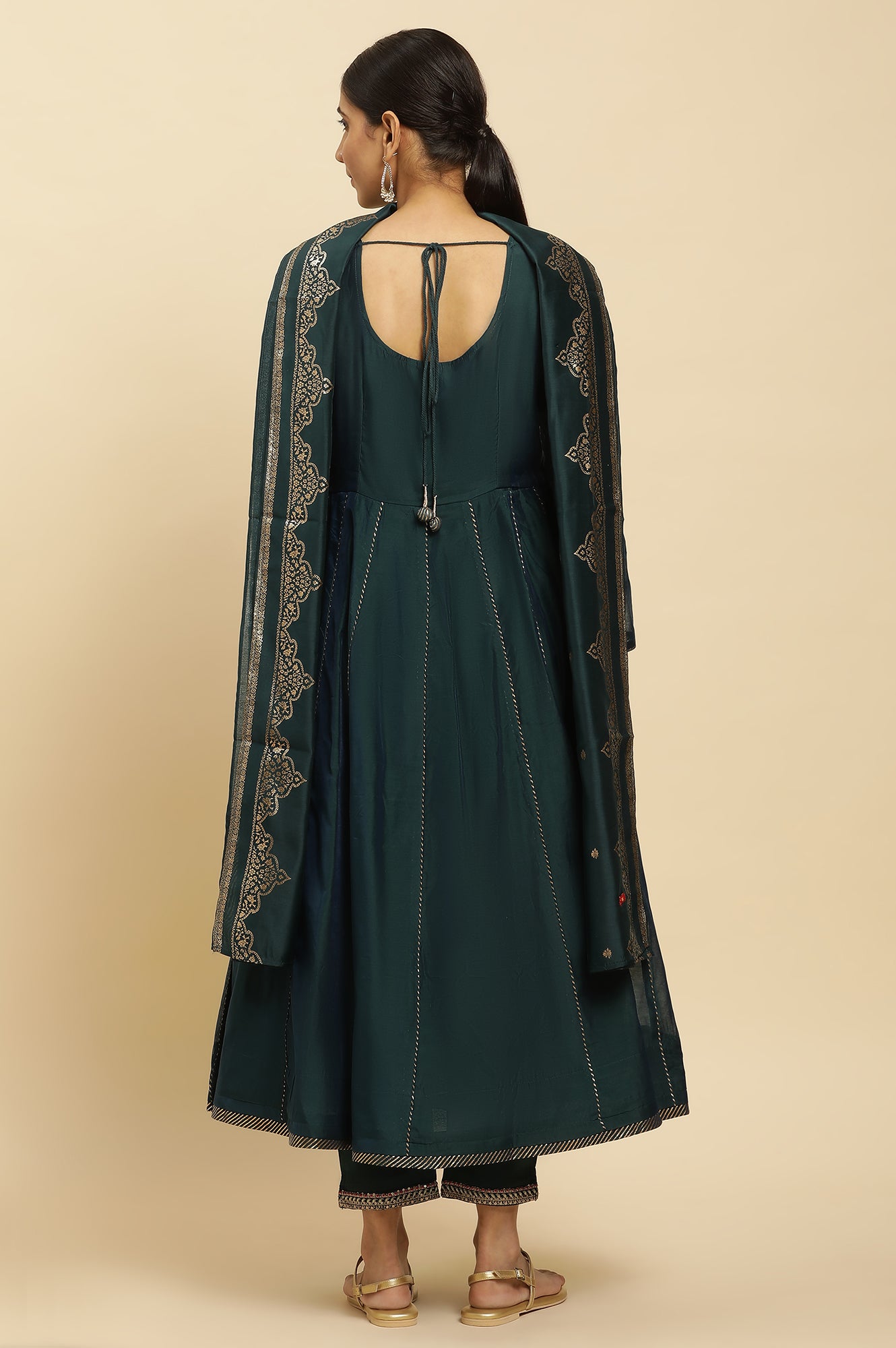Green Flared Embroidered Kurta, Pants And Dupatta Set - wforwoman