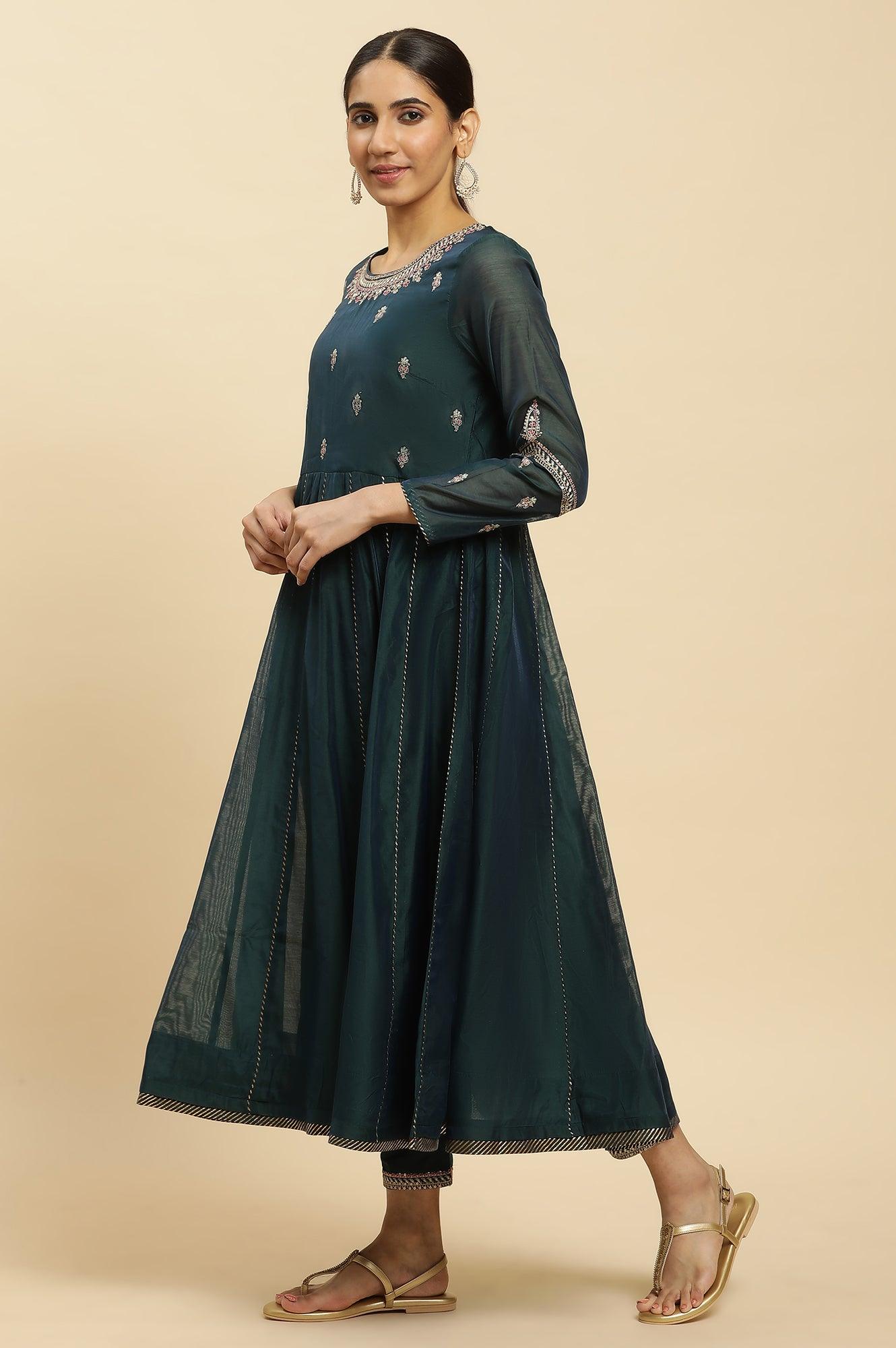 Green Flared Embroidered Kurta, Pants And Dupatta Set - wforwoman