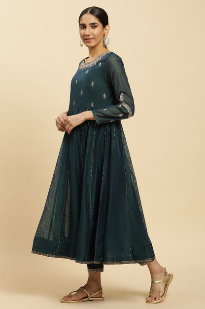 Green Flared Embroidered Kurta, Pants And Dupatta Set - wforwoman