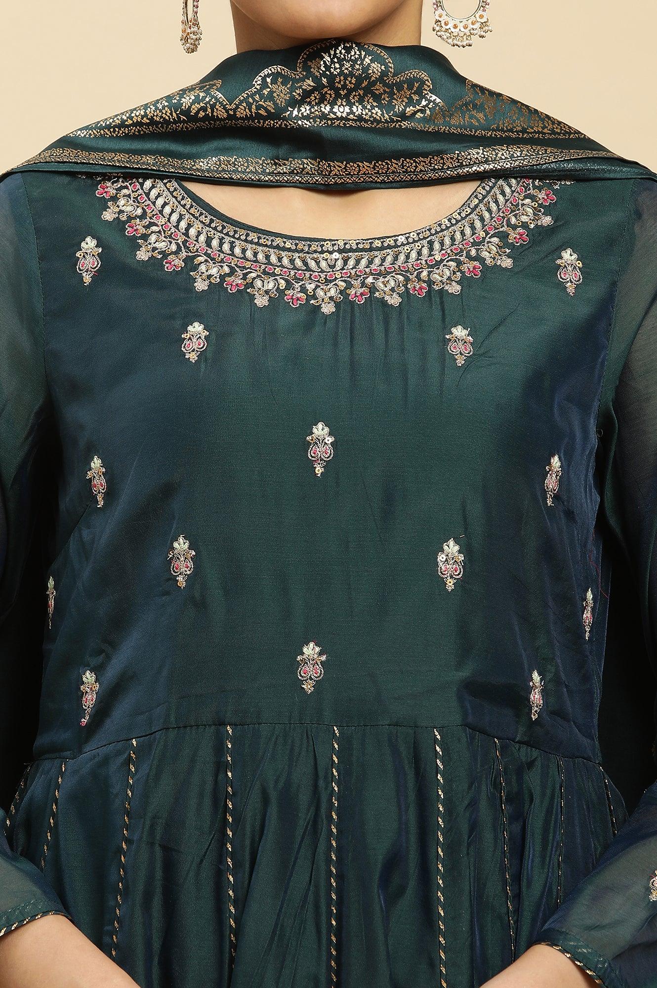 Green Flared Embroidered Kurta, Pants And Dupatta Set - wforwoman