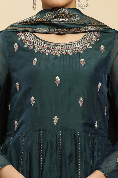 Green Flared Embroidered Kurta, Pants And Dupatta Set - wforwoman
