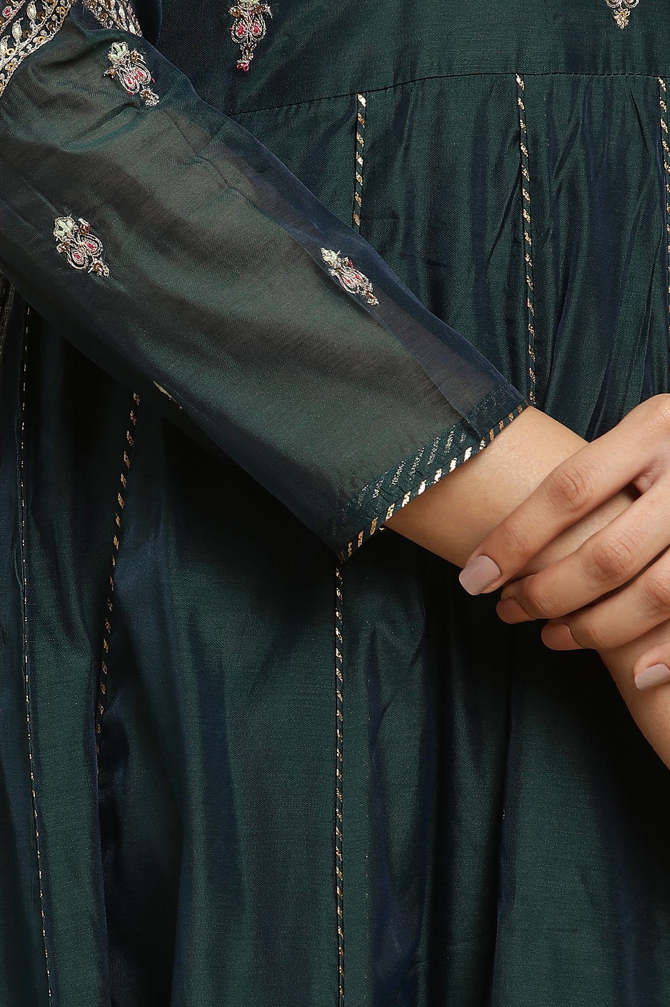 Green Flared Embroidered Kurta, Pants And Dupatta Set - wforwoman