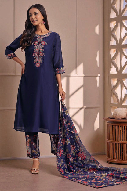 Royal Blue Embroidered Kurta, Pants And Dupatta Set