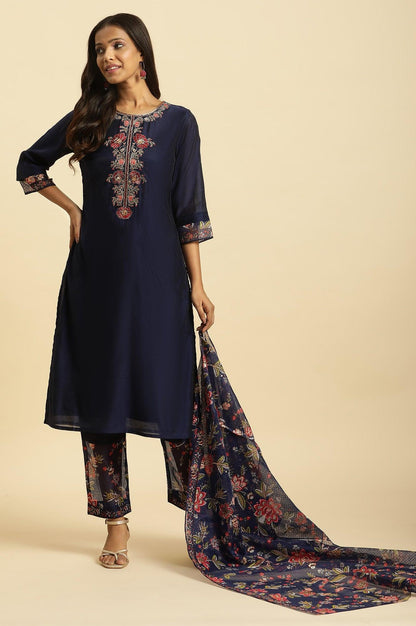 Royal Blue Embroidered Kurta, Pants And Dupatta Set - wforwoman