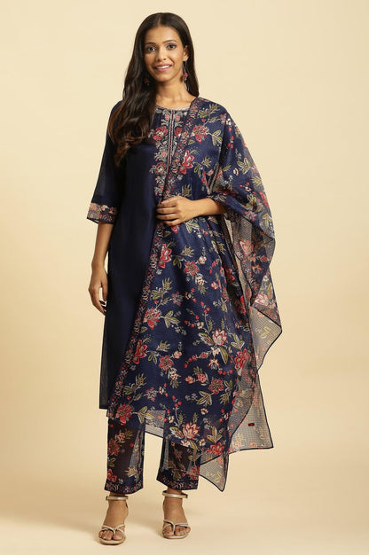 Royal Blue Embroidered Kurta, Pants And Dupatta Set - wforwoman