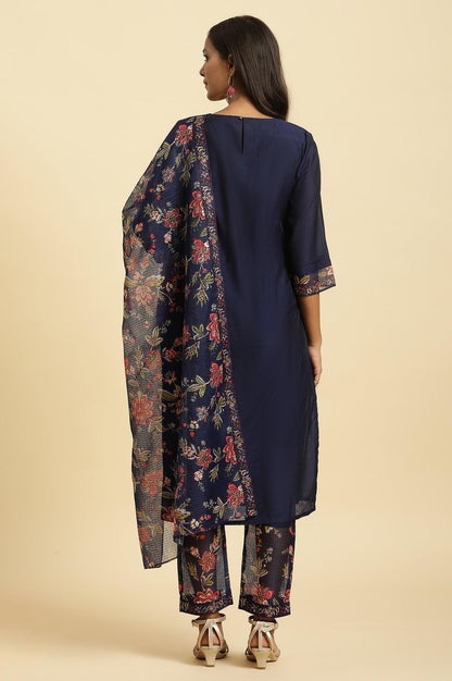 Royal Blue Embroidered Kurta, Pants And Dupatta Set - wforwoman