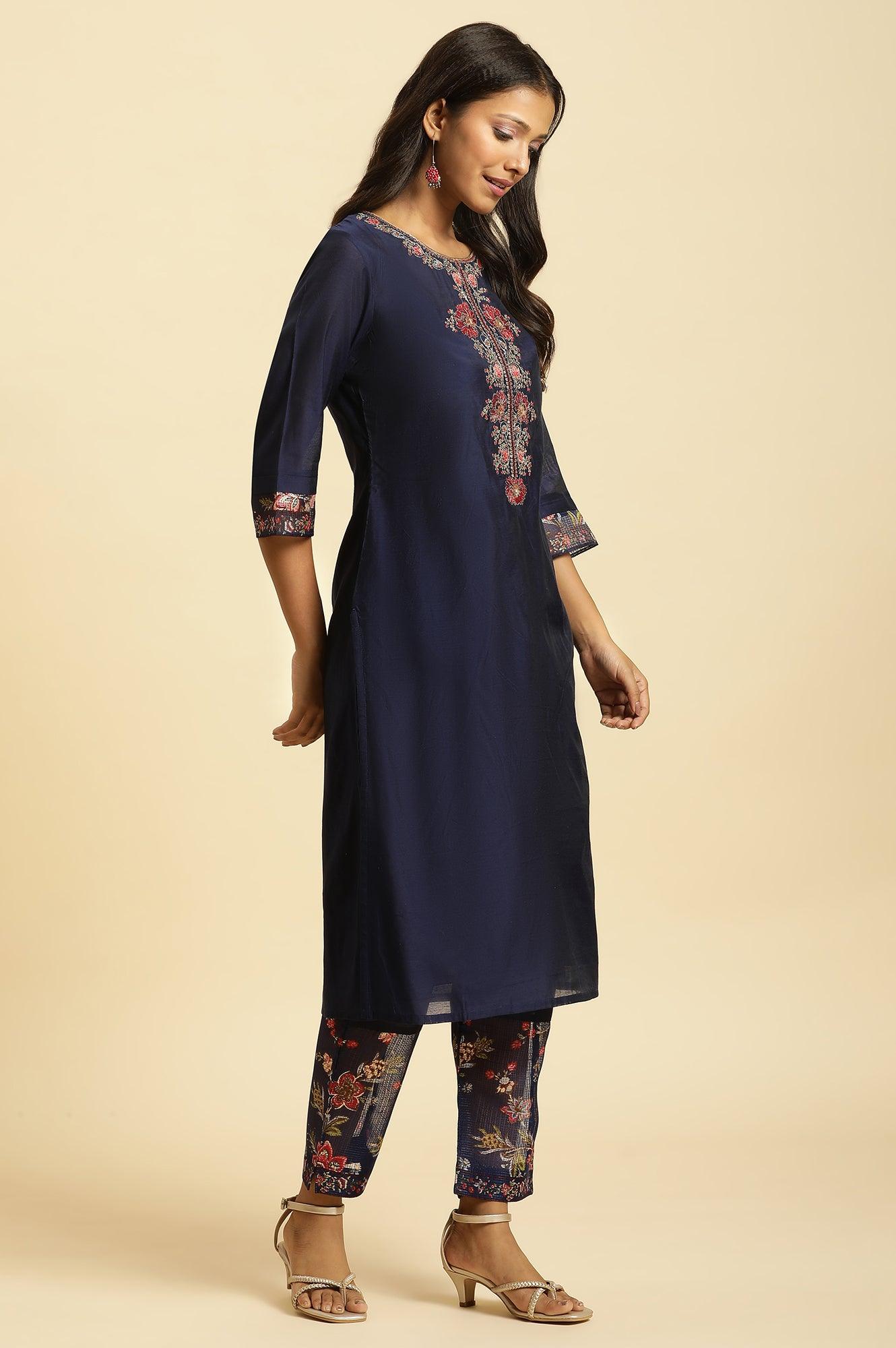 Royal Blue Embroidered Kurta, Pants And Dupatta Set - wforwoman