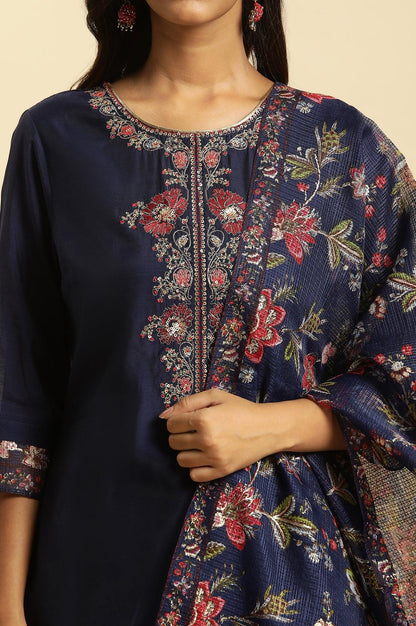 Royal Blue Embroidered Kurta, Pants And Dupatta Set - wforwoman