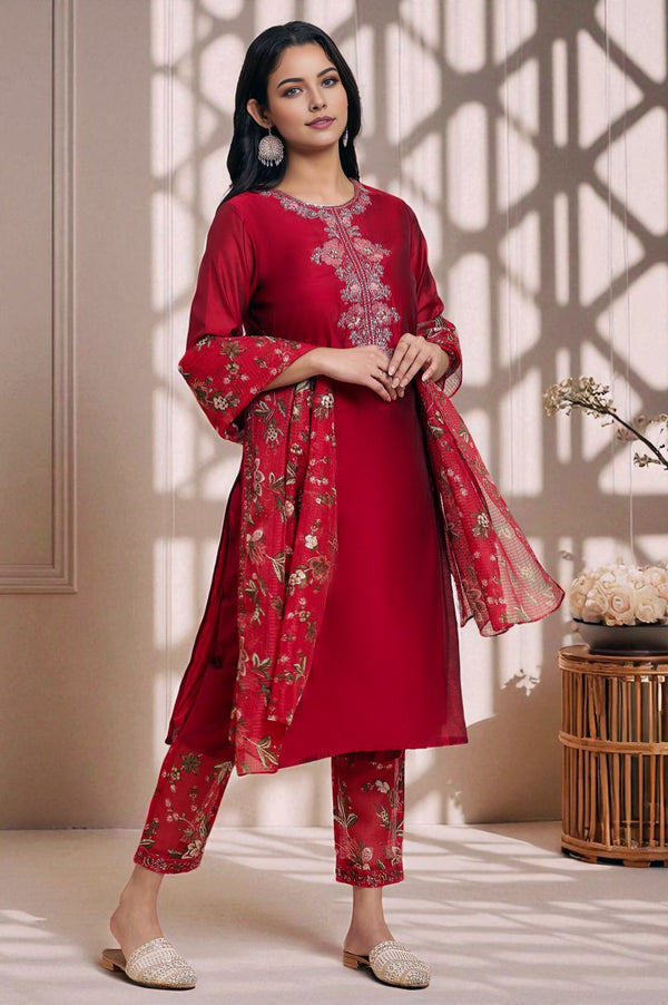 Red Dori Embroidered Chanderi Straight Kurta, Pants and Dupatta Festive Set