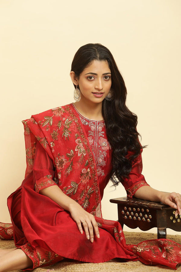 Red Dori Embroidered Chanderi Straight Kurta, Pants and Dupatta Festive Set