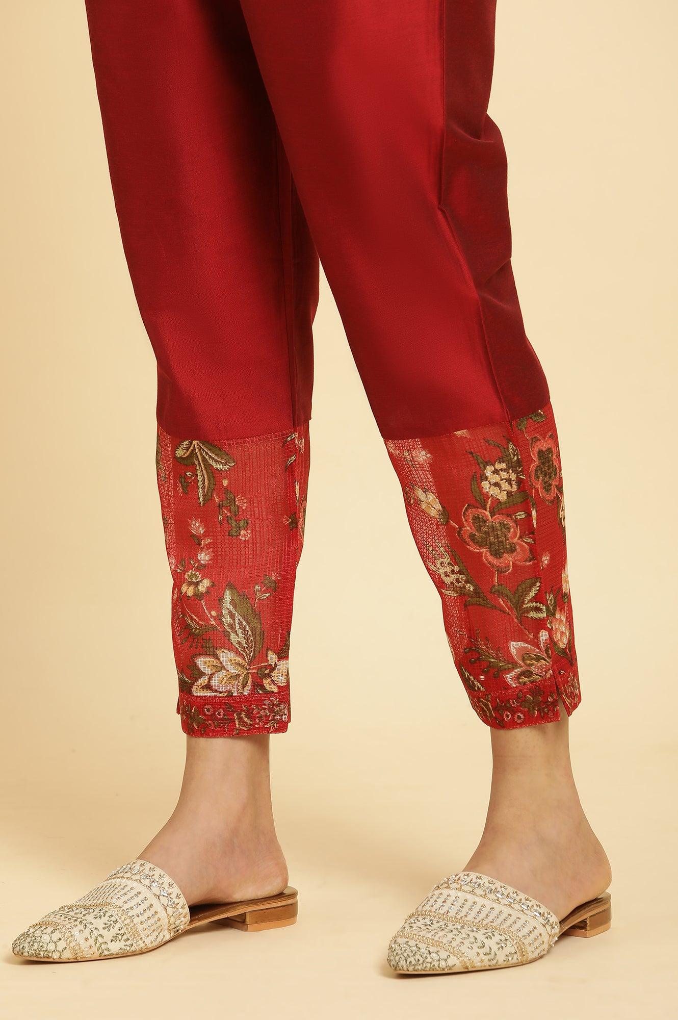 Red Chanderi Kurta, Pants And Dupatta Festive Set - wforwoman