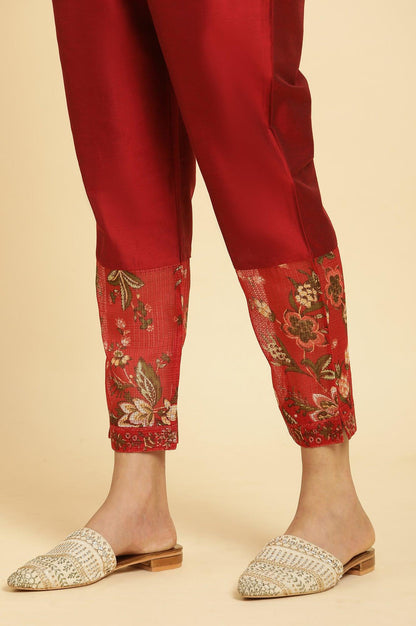 Red Chanderi Kurta, Pants And Dupatta Festive Set - wforwoman