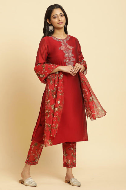 Red Chanderi Kurta, Pants And Dupatta Festive Set - wforwoman