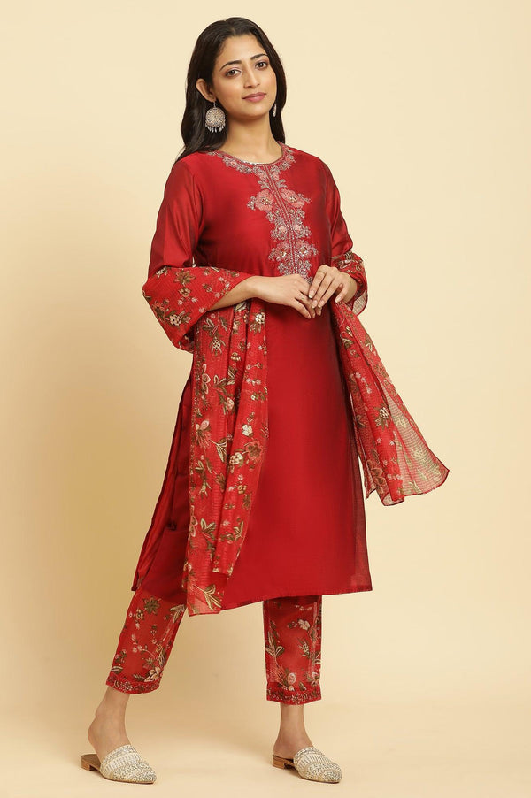 Red Dori Embroidered Chanderi Straight Kurta, Pants and Dupatta Festive Set