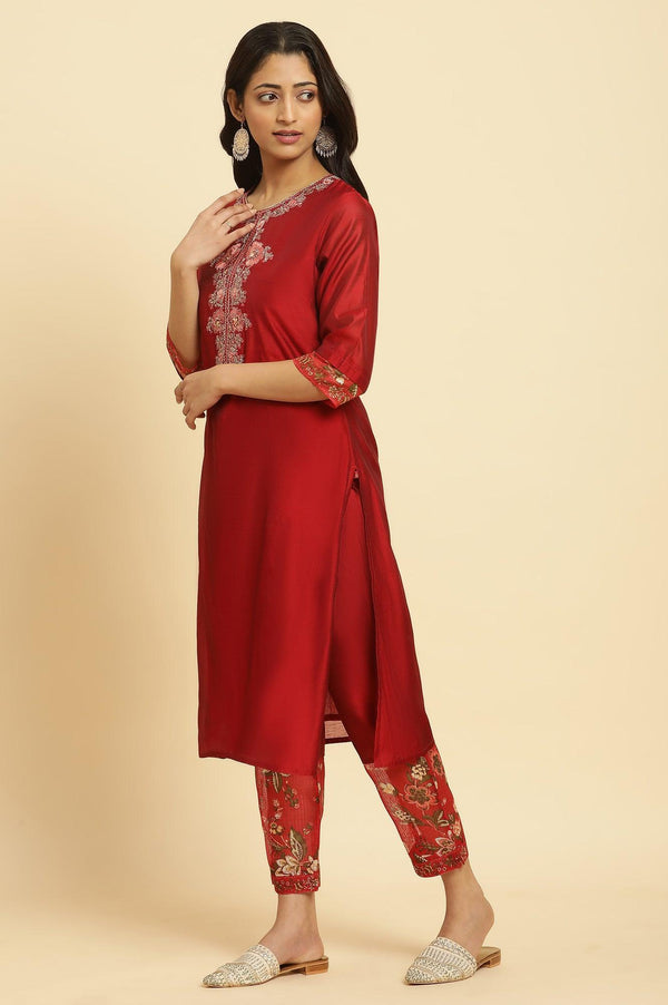 Red Dori Embroidered Chanderi Straight Kurta, Pants and Dupatta Festive Set