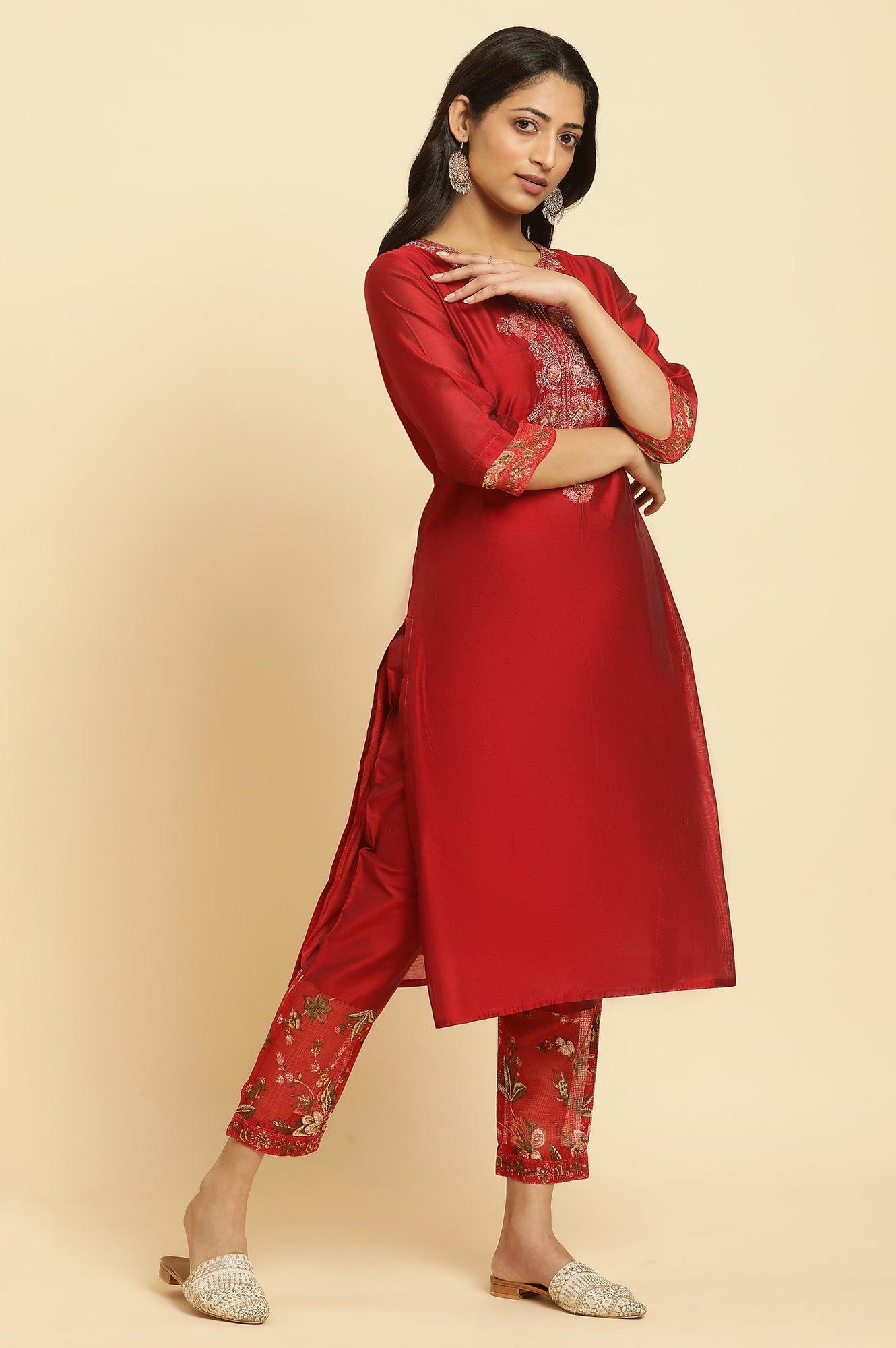 Red Chanderi Kurta, Pants And Dupatta Festive Set - wforwoman