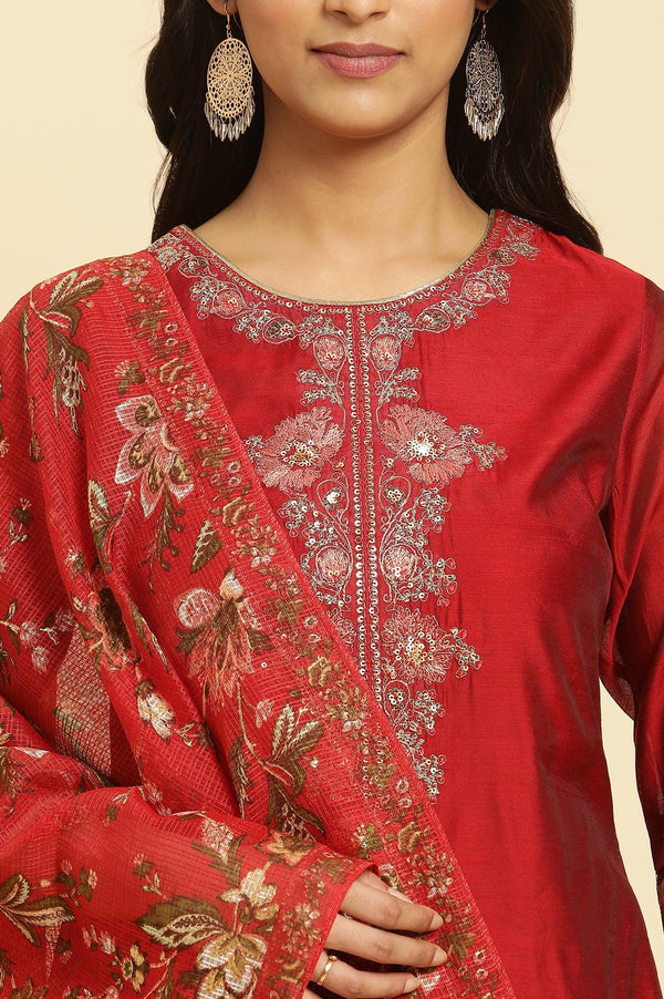 Red Dori Embroidered Chanderi Straight Kurta, Pants and Dupatta Festive Set