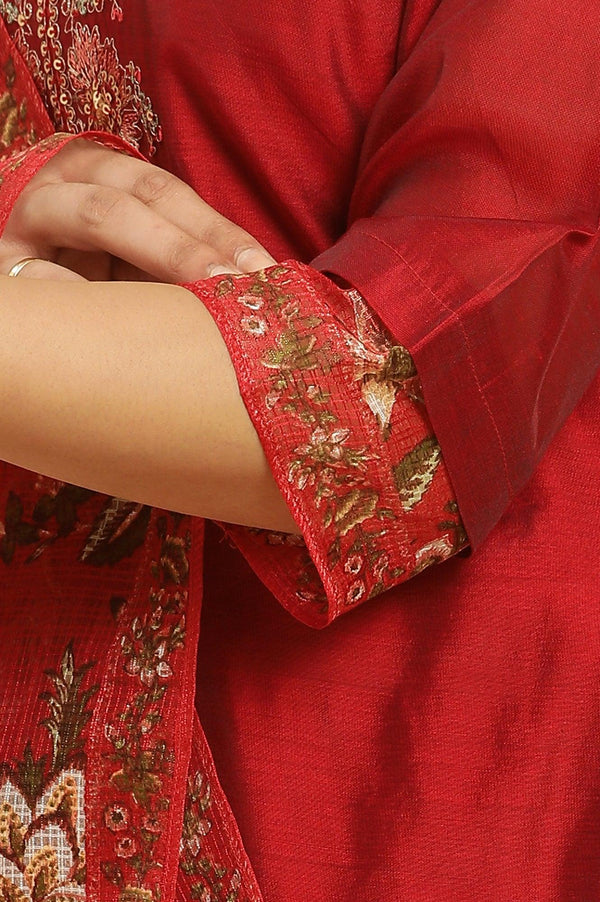 Red Dori Embroidered Chanderi Straight Kurta, Pants and Dupatta Festive Set