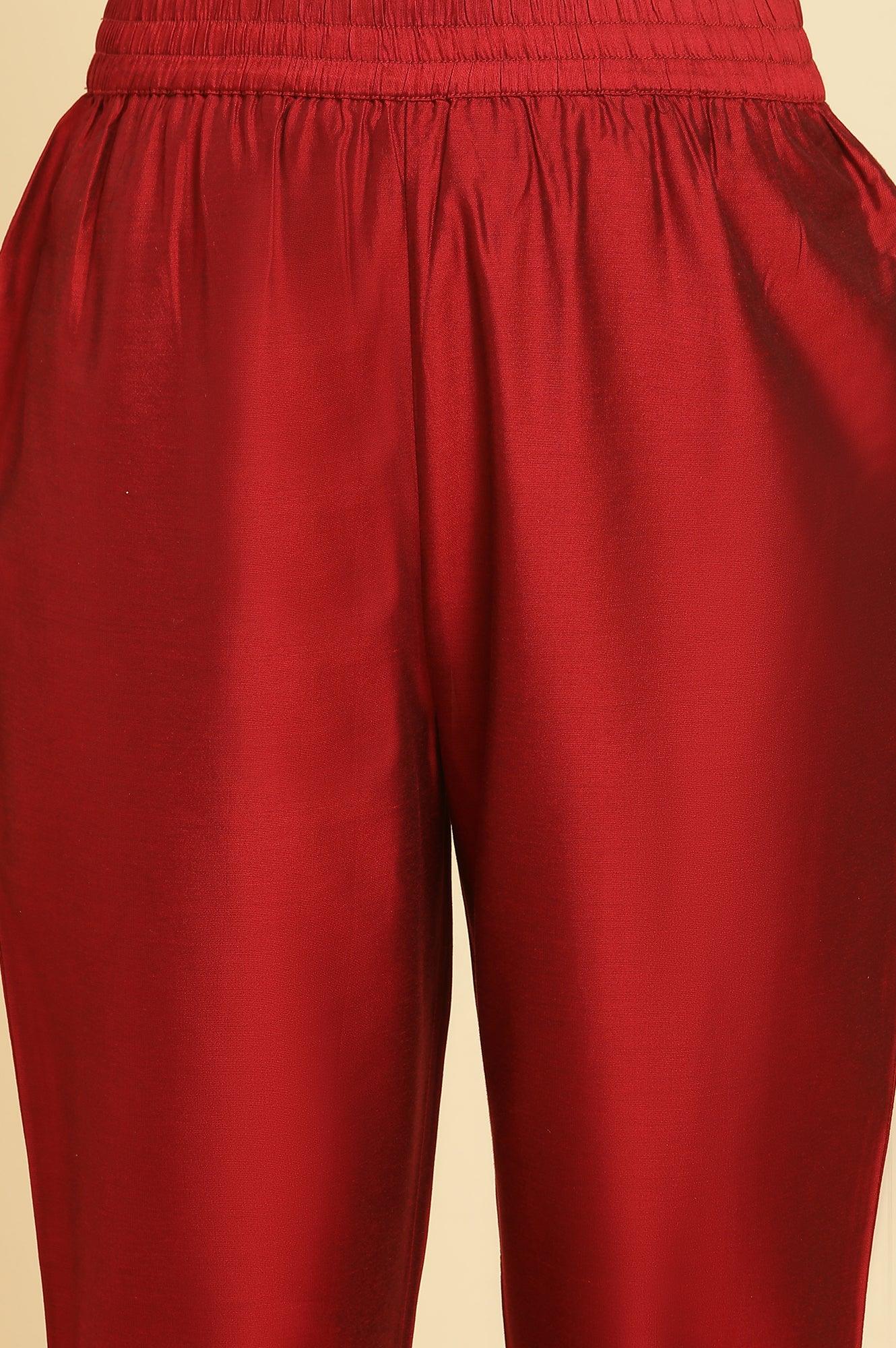 Red Chanderi Kurta, Pants And Dupatta Festive Set - wforwoman