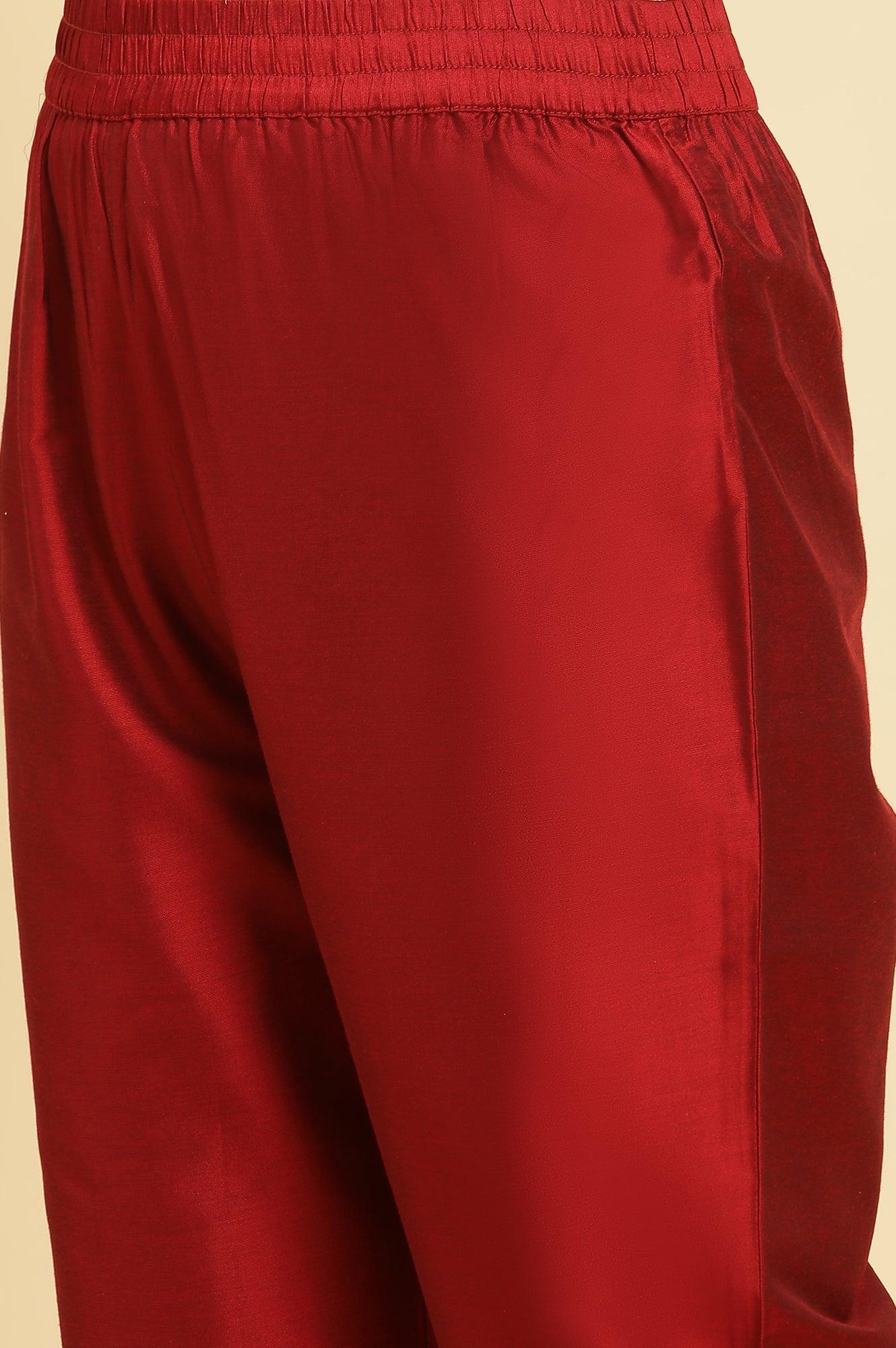 Red Chanderi Kurta, Pants And Dupatta Festive Set - wforwoman
