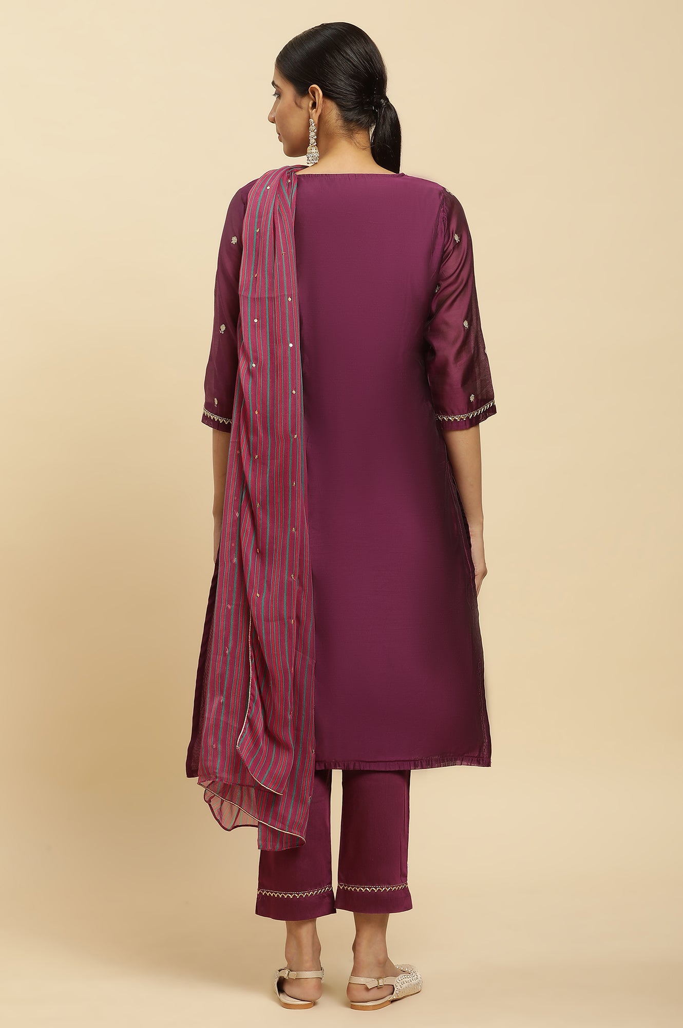Purple Metallic Embroidered Kurta, Pants And Dupatta Set - wforwoman