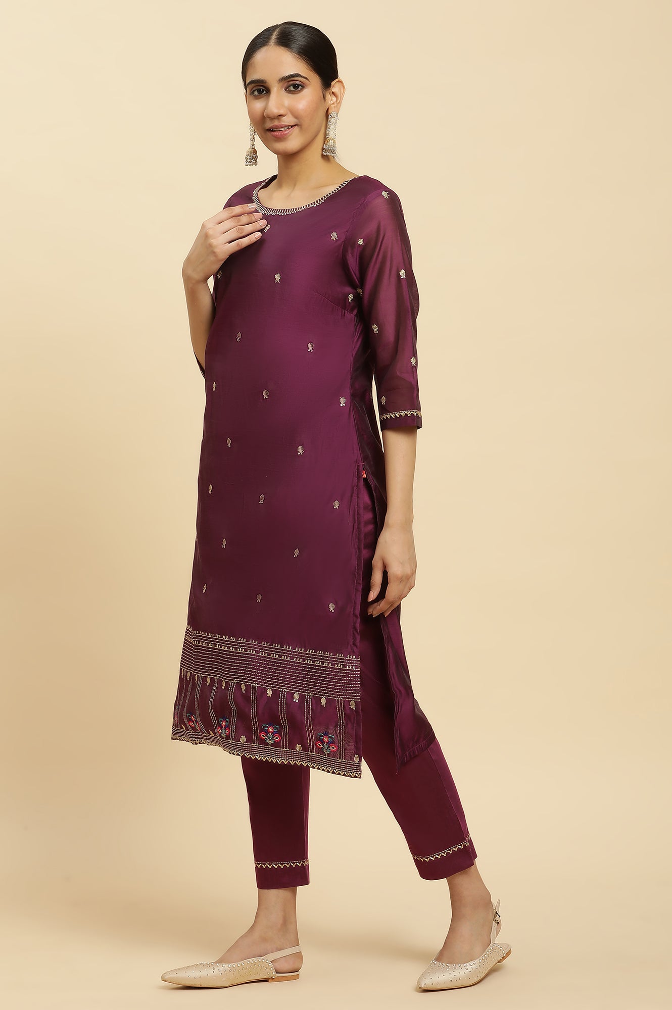 Purple Metallic Embroidered Kurta, Pants And Dupatta Set - wforwoman