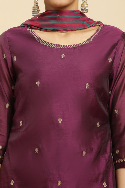 Purple Metallic Embroidered Kurta, Pants And Dupatta Set - wforwoman