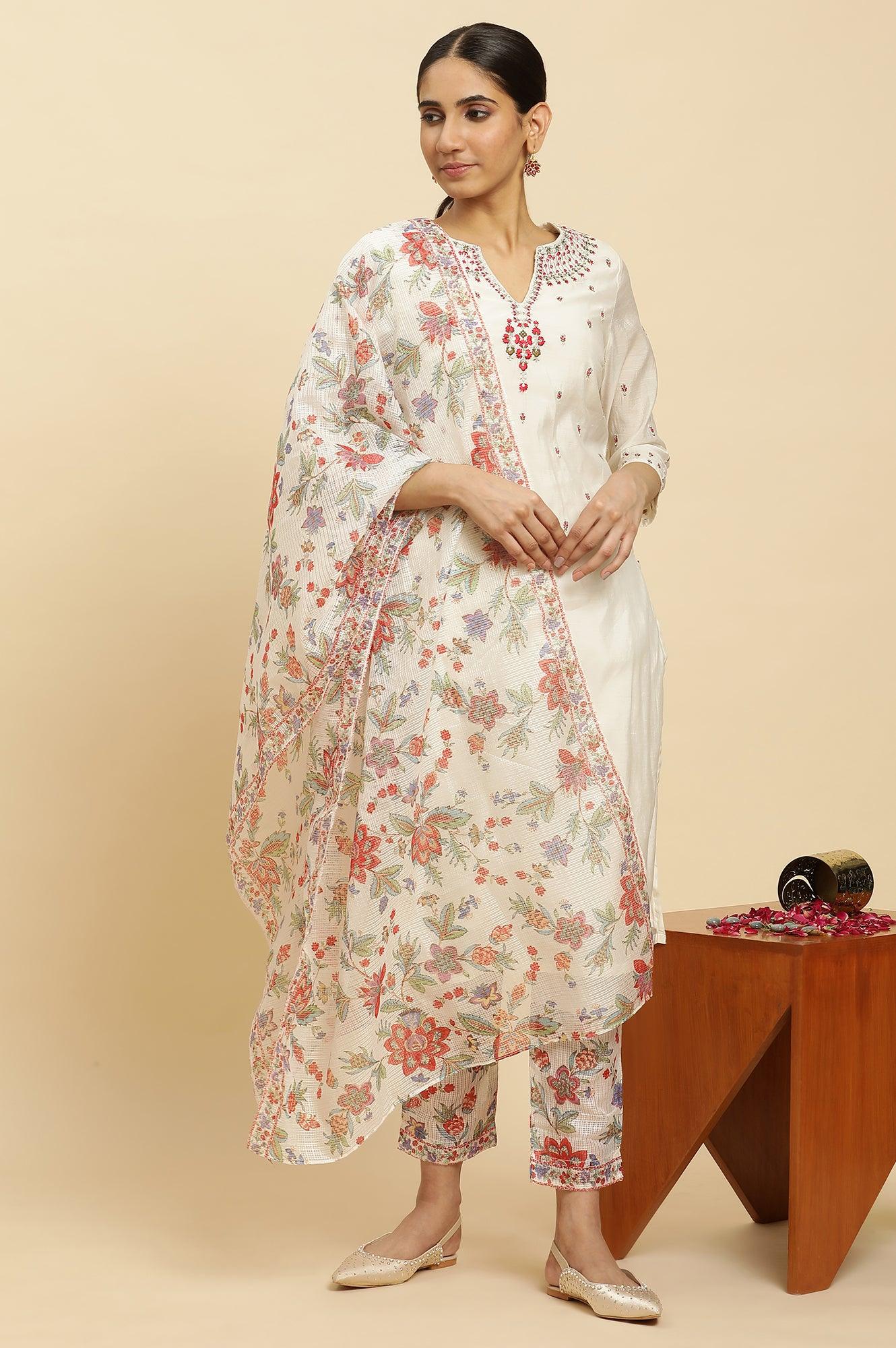 Ecru Chanderi Embroidered Kurta, Slim Pants And Dupatta Set - wforwoman