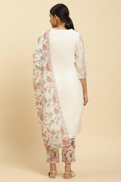 Ecru Chanderi Embroidered Kurta, Slim Pants And Dupatta Set - wforwoman