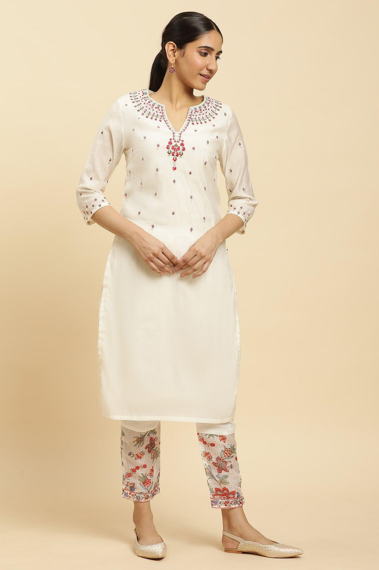 Ecru Chanderi Embroidered Kurta, Slim Pants And Dupatta Set - wforwoman